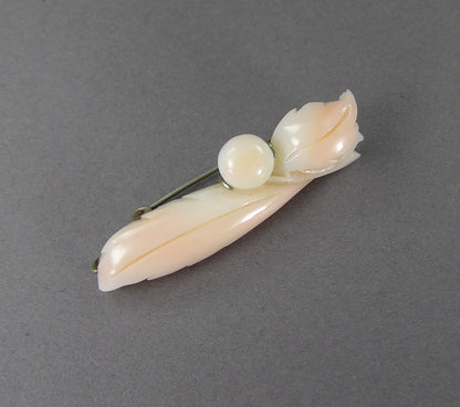 Art Nouveau Hand Carved True Angel Skin Coral Pin Brooch