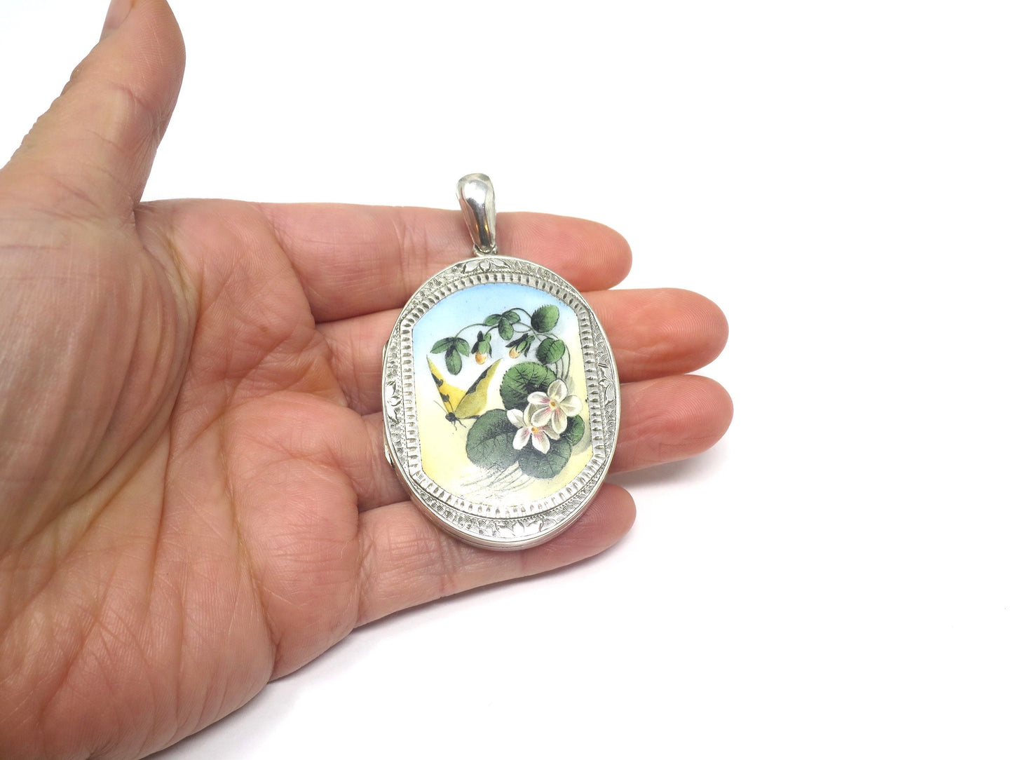 Antique Victorian Butterfly with Forget-Me-Not Flowers Enameled Sterling Silver Locket Pendant