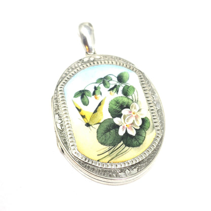 Antique Victorian Butterfly with Forget-Me-Not Flowers Enameled Sterling Silver Locket Pendant