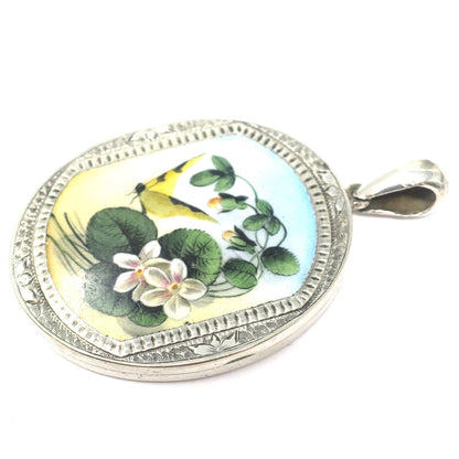 Antique Victorian Butterfly with Forget-Me-Not Flowers Enameled Sterling Silver Locket Pendant