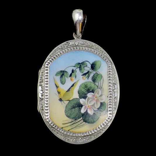 Antique Victorian Butterfly with Forget-Me-Not Flowers Enameled Sterling Silver Locket Pendant