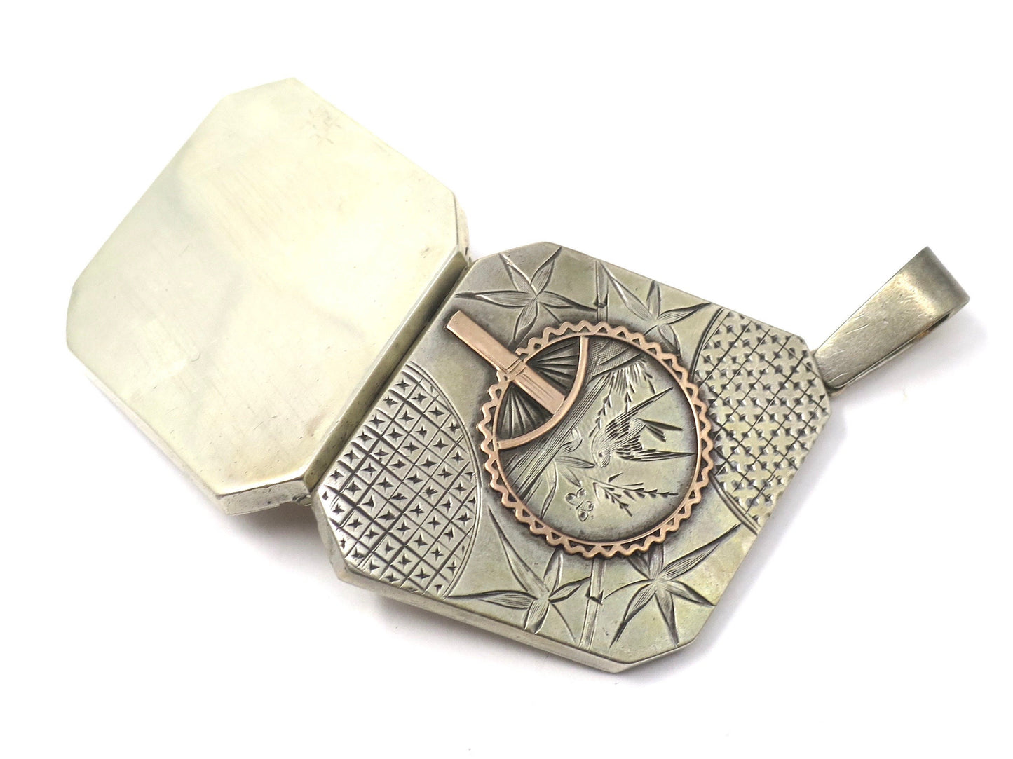 Antique Aesthetic Movement Sterling Silver Locket Pendant: Rose Gold Fan, Diamond Shape