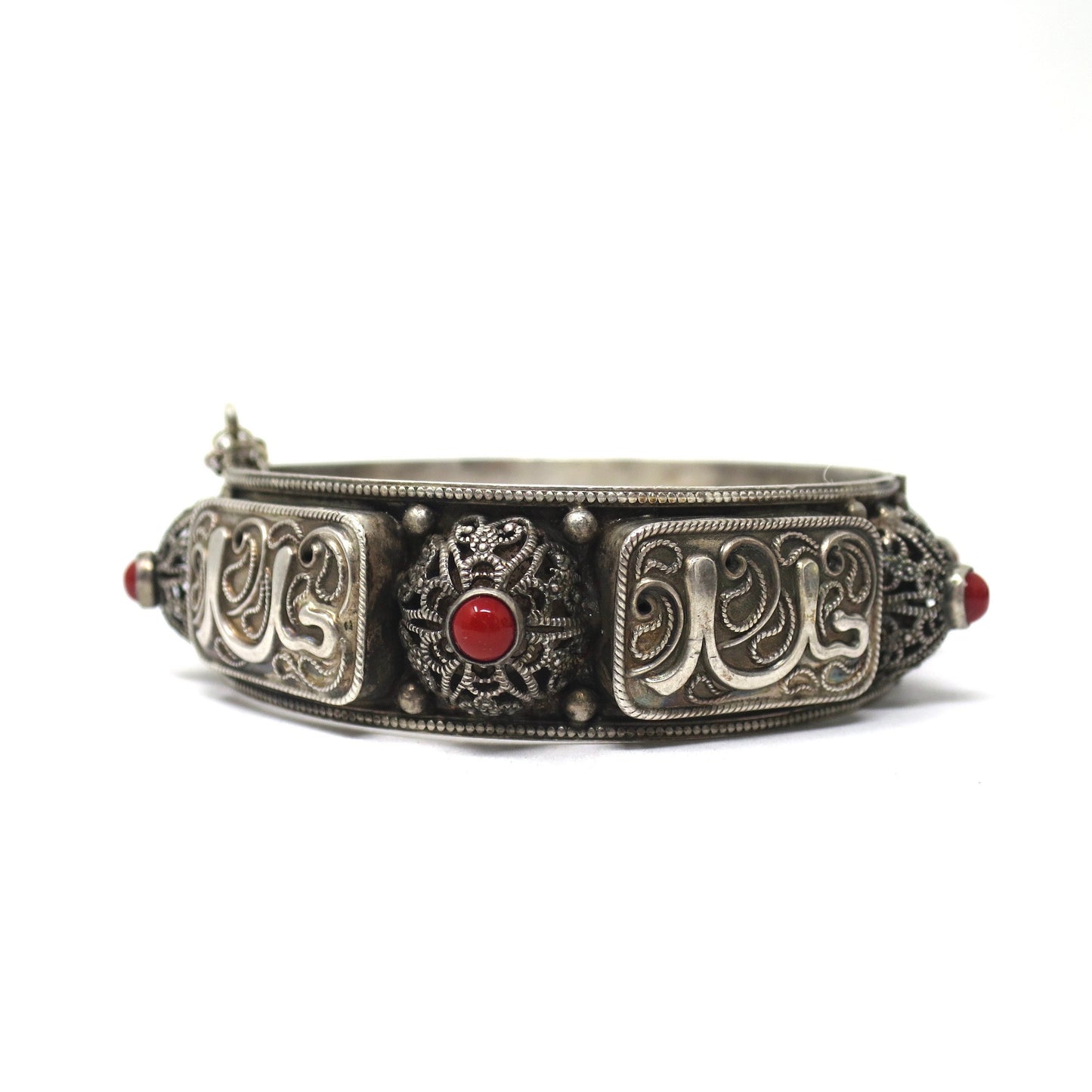 Vintage Sterling Silver Red Jasper Tribal Ethnic Filigree Medieval Hinged Bangle Bracelet