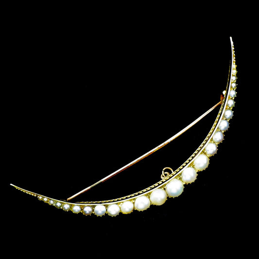Antique Victorian 15ct Gold Pearl Crescent Moon Pin Brooch