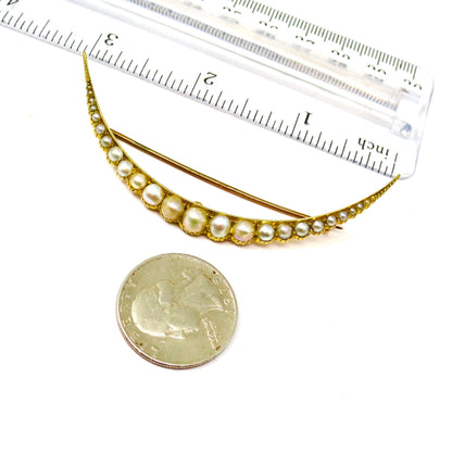 Antique Victorian 15ct Gold Pearl Crescent Moon Pin Brooch