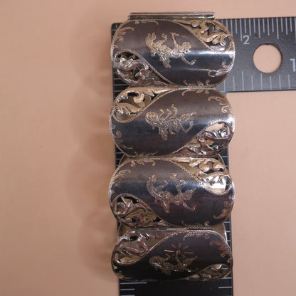 Vintage Sterling Siam Thai Thailand Niello Wide Panel Bracelet, 51.6 grams N2