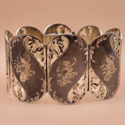 Vintage Sterling Siam Thai Thailand Niello Wide Panel Bracelet, 51.6 grams N2