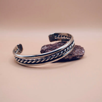 Vintage Sterling Silver Cuff Bangle – Rope Detail, Classic Jewelry