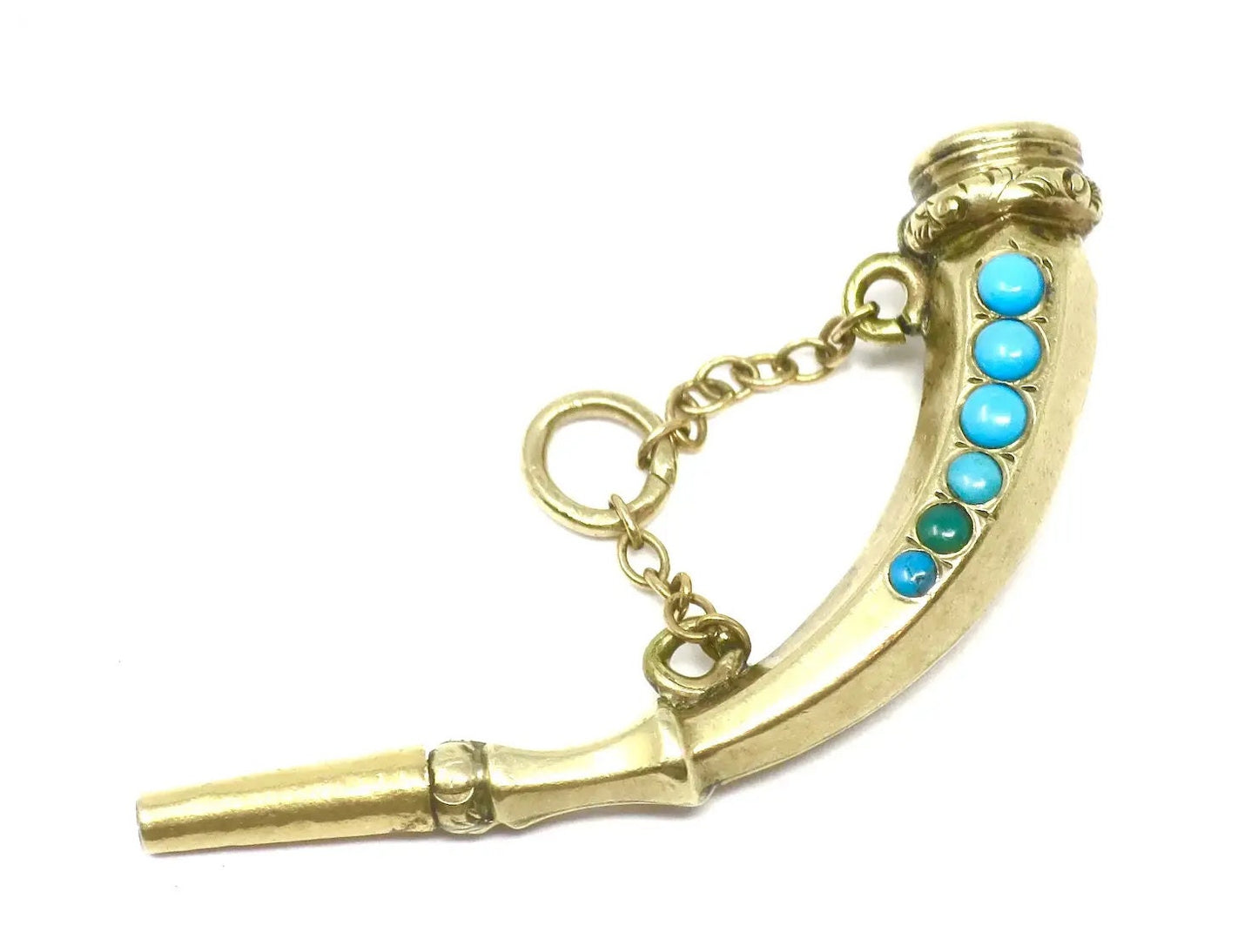 Antique Victorian 9ct Gold Cased Horn Claw Shape Turquoises & Amethyst Watch Key Pendant