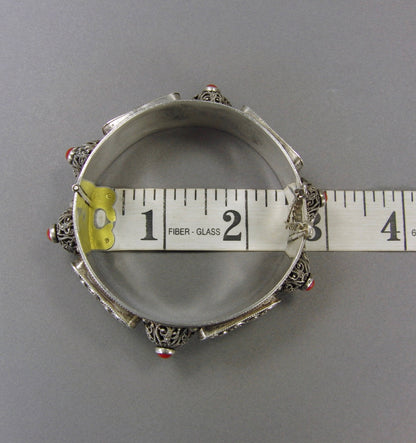 Vintage Sterling Silver Red Jasper Tribal Ethnic Filigree Medieval Hinged Bangle Bracelet