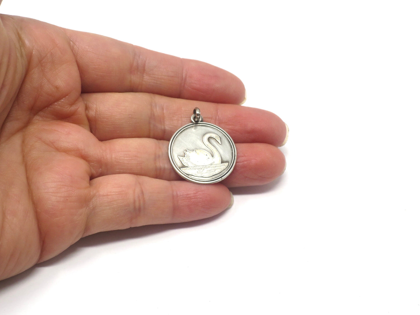 Antique Victorian White Swan Enamel European 900 Silver Pendant
