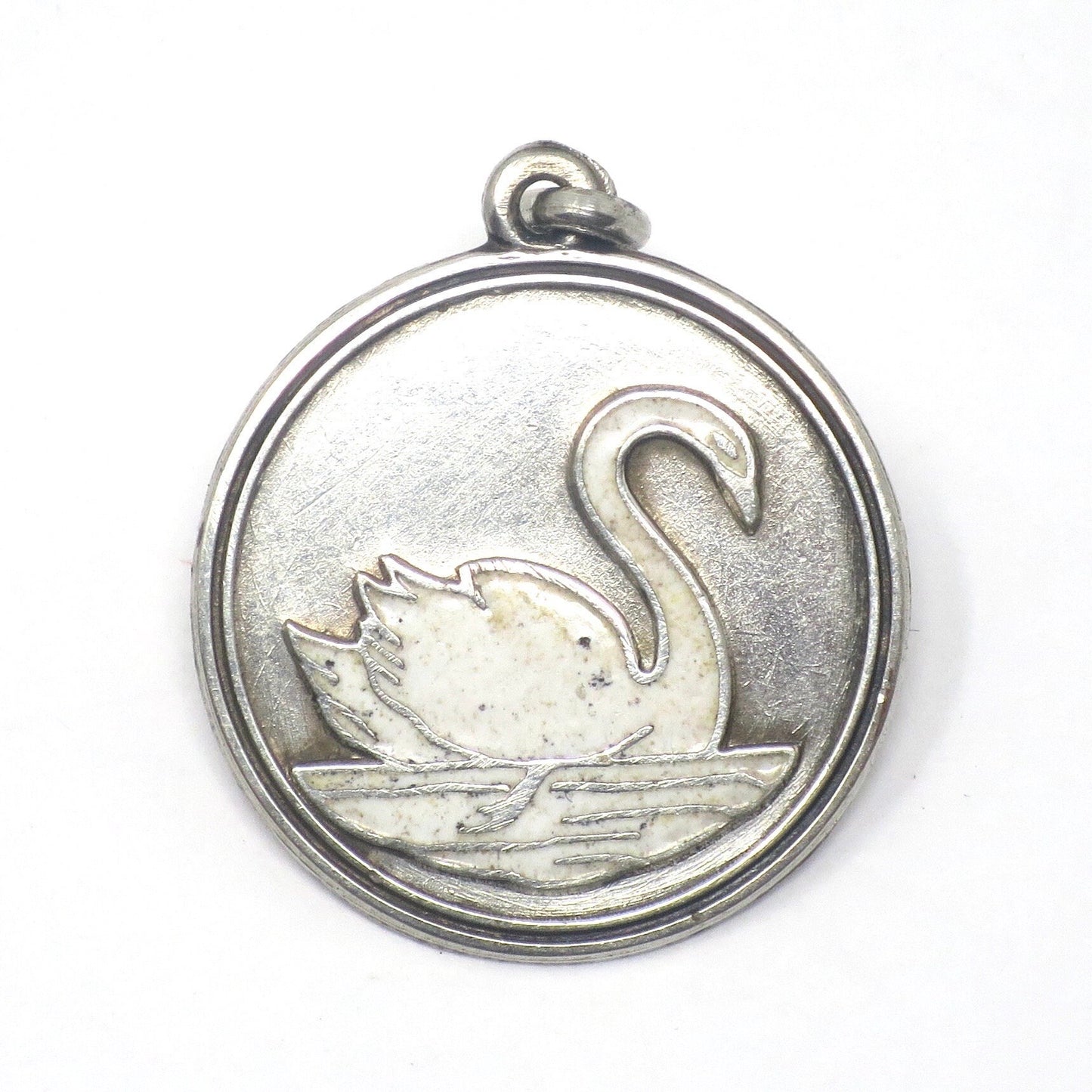 Antique Victorian White Swan Enamel European 900 Silver Pendant