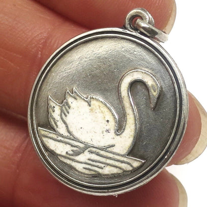 Antique Victorian White Swan Enamel European 900 Silver Pendant