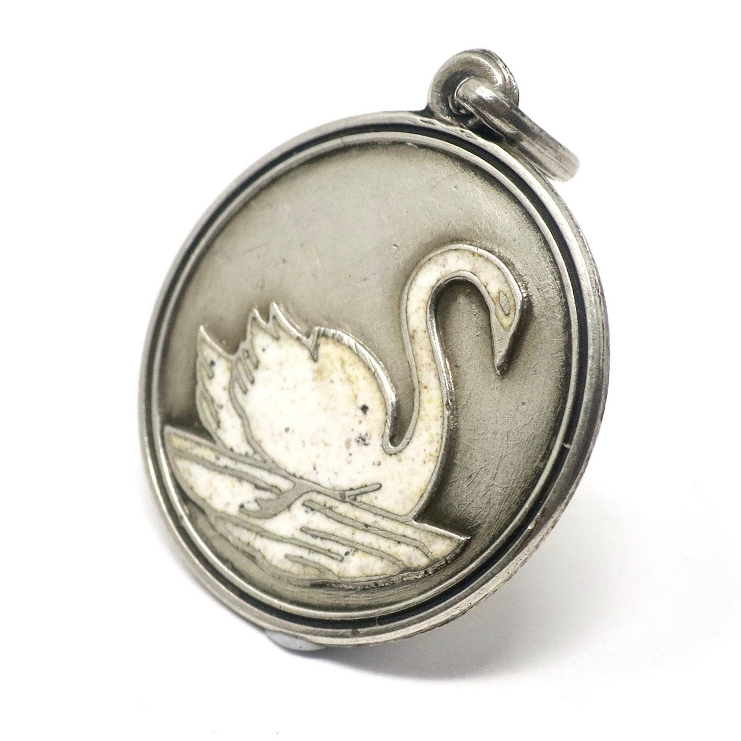 Antique Victorian White Swan Enamel European 900 Silver Pendant