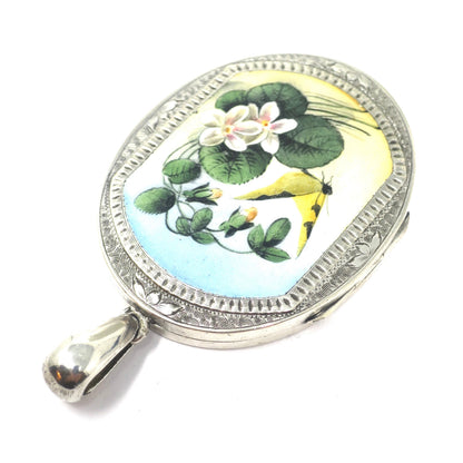 Antique Victorian Butterfly with Forget-Me-Not Flowers Enameled Sterling Silver Locket Pendant