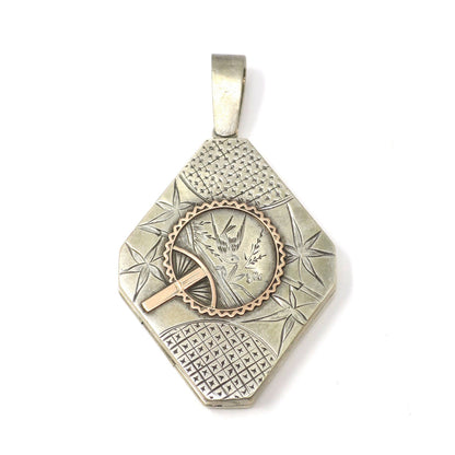 Antique Aesthetic Movement Sterling Silver Locket Pendant: Rose Gold Fan, Diamond Shape
