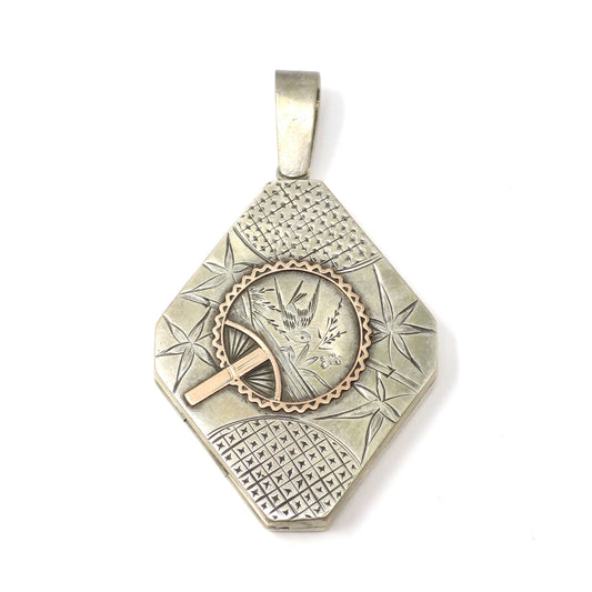 Antique Aesthetic Movement Sterling Silver Locket Pendant: Rose Gold Fan, Diamond Shape