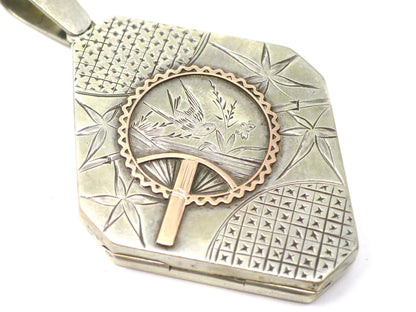 Antique Aesthetic Movement Sterling Silver Locket Pendant: Rose Gold Fan, Diamond Shape