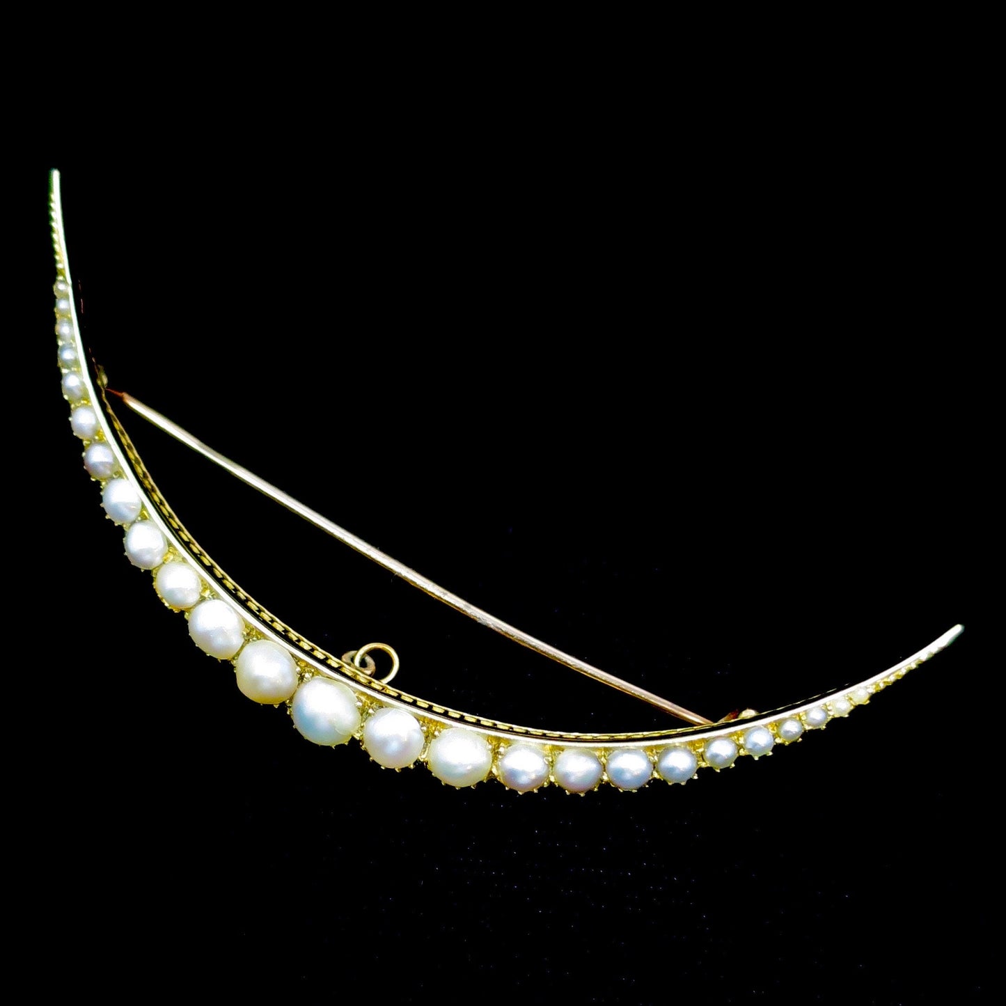 Antique Victorian 15ct Gold Pearl Crescent Moon Pin Brooch