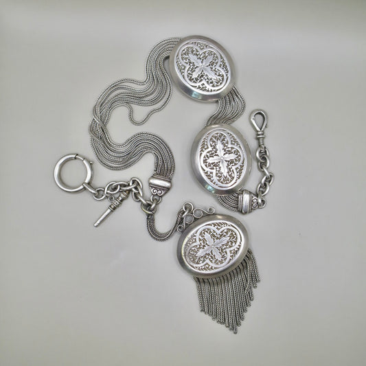 Antique French Albertina Sterling Silver Watch Chain Necklace