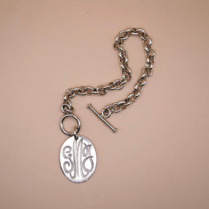 Vintage Mexican Sterling Silver Rolo Chain Bracelet, Monogrammed GMJ, 27.2 grams, Made in Mexico