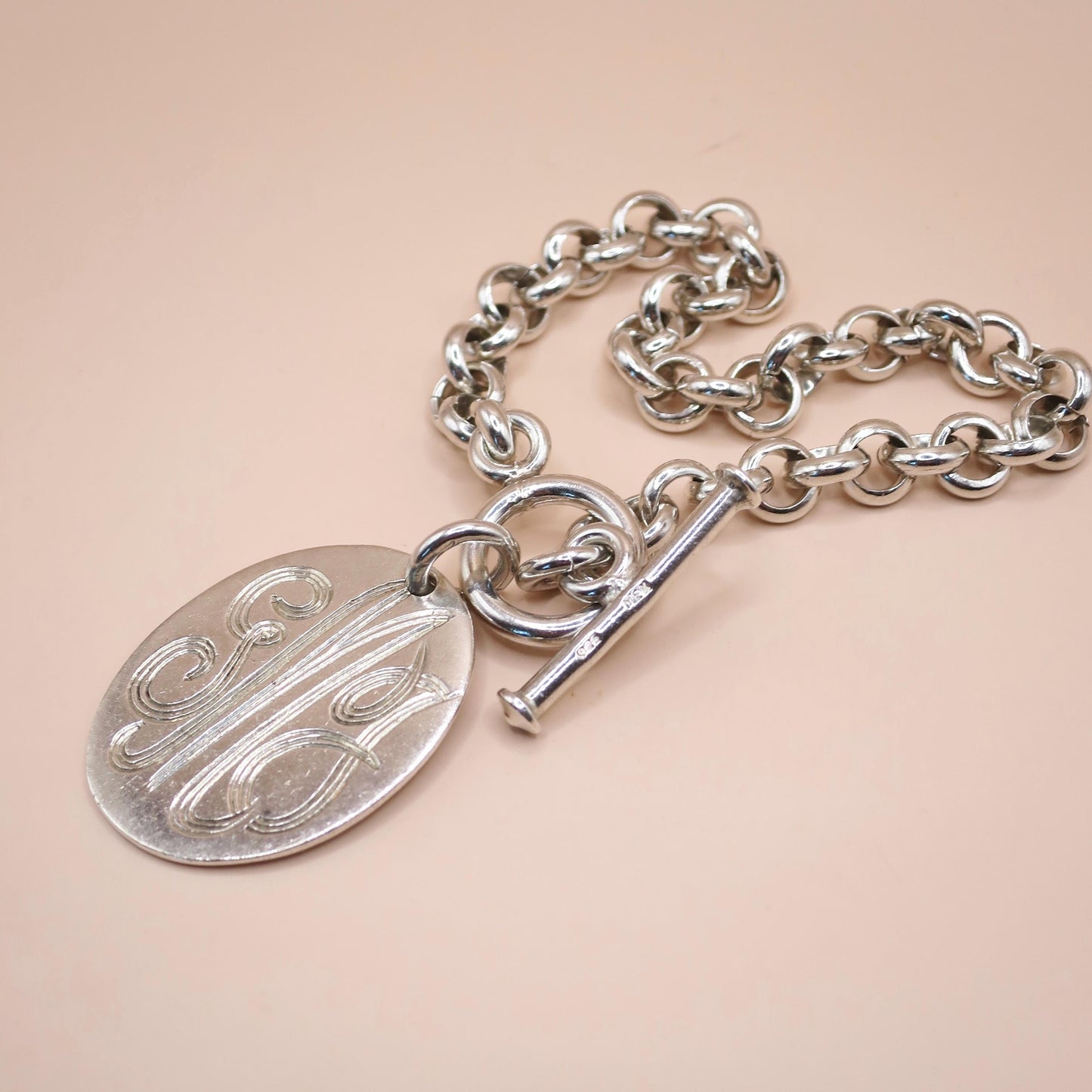 Vintage Mexican Sterling Silver Rolo Chain Bracelet, Monogrammed GMJ, 27.2 grams, Made in Mexico