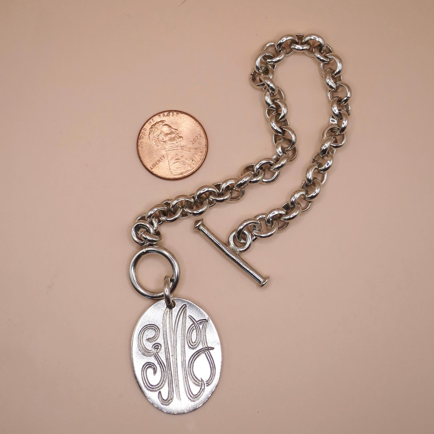 Vintage Mexican Sterling Silver Rolo Chain Bracelet, Monogrammed GMJ, 27.2 grams, Made in Mexico