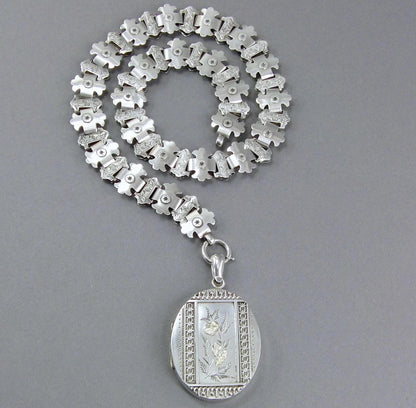 Antique Victorian Sterling Silver Book Chain Locket, Aesthetic Movement