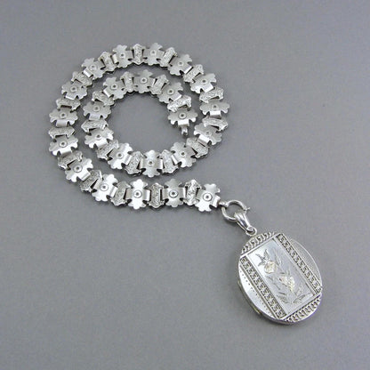 Antique Victorian Sterling Silver Book Chain Locket, Aesthetic Movement