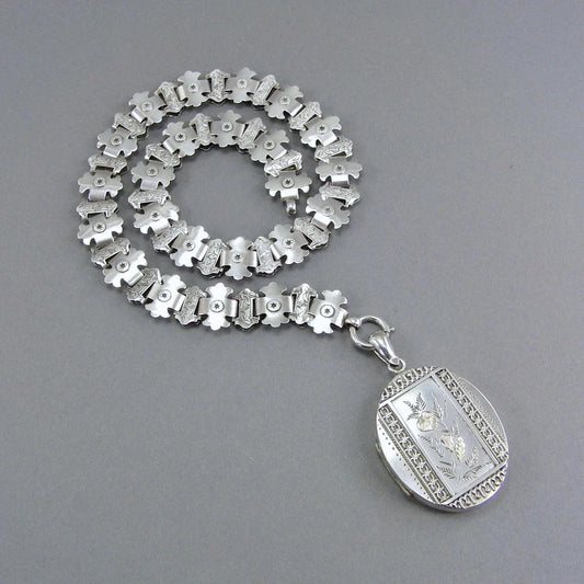 Antique Victorian Sterling Silver Book Chain Locket, Aesthetic Movement