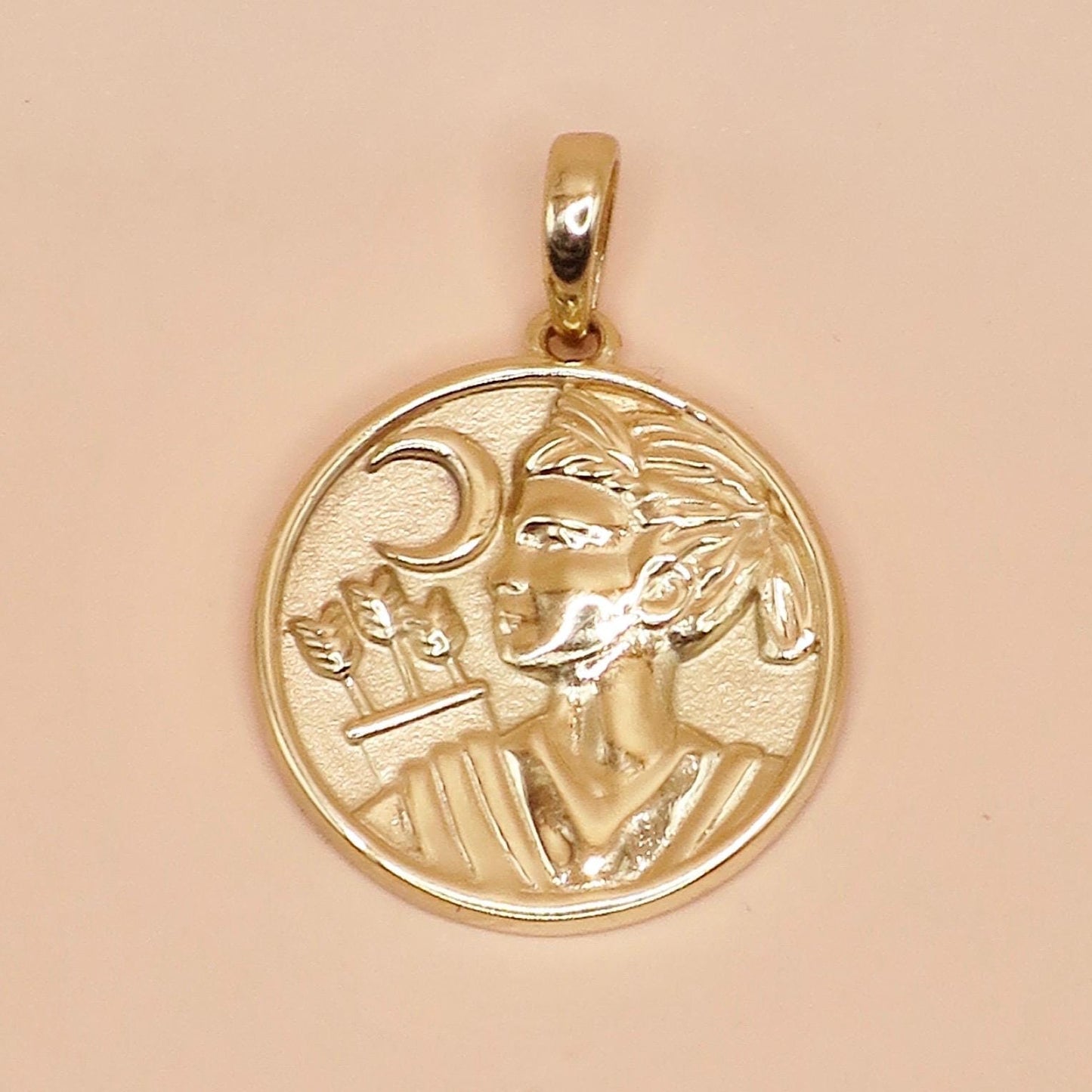 14K Yellow Gold Artemis Greek Goddess Medallion Coin Pendant