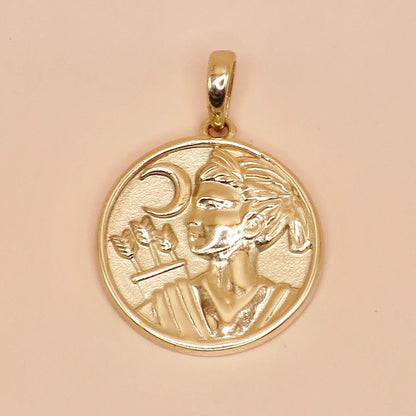 14K Yellow Gold Artemis Greek Goddess Medallion Coin Pendant