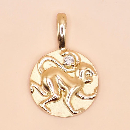 14K Yellow Gold .015 CT Natural Diamond Chinese Zodiac Year of the Monkey Pendant