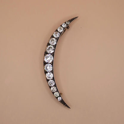 Antique Victorian Sterling Silver Diamond Paste Crescent Moon Pin Brooch