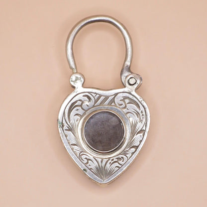 Antique Victorian Sterling Silver Heart Padlock, Scottish Granite & Hair Locket