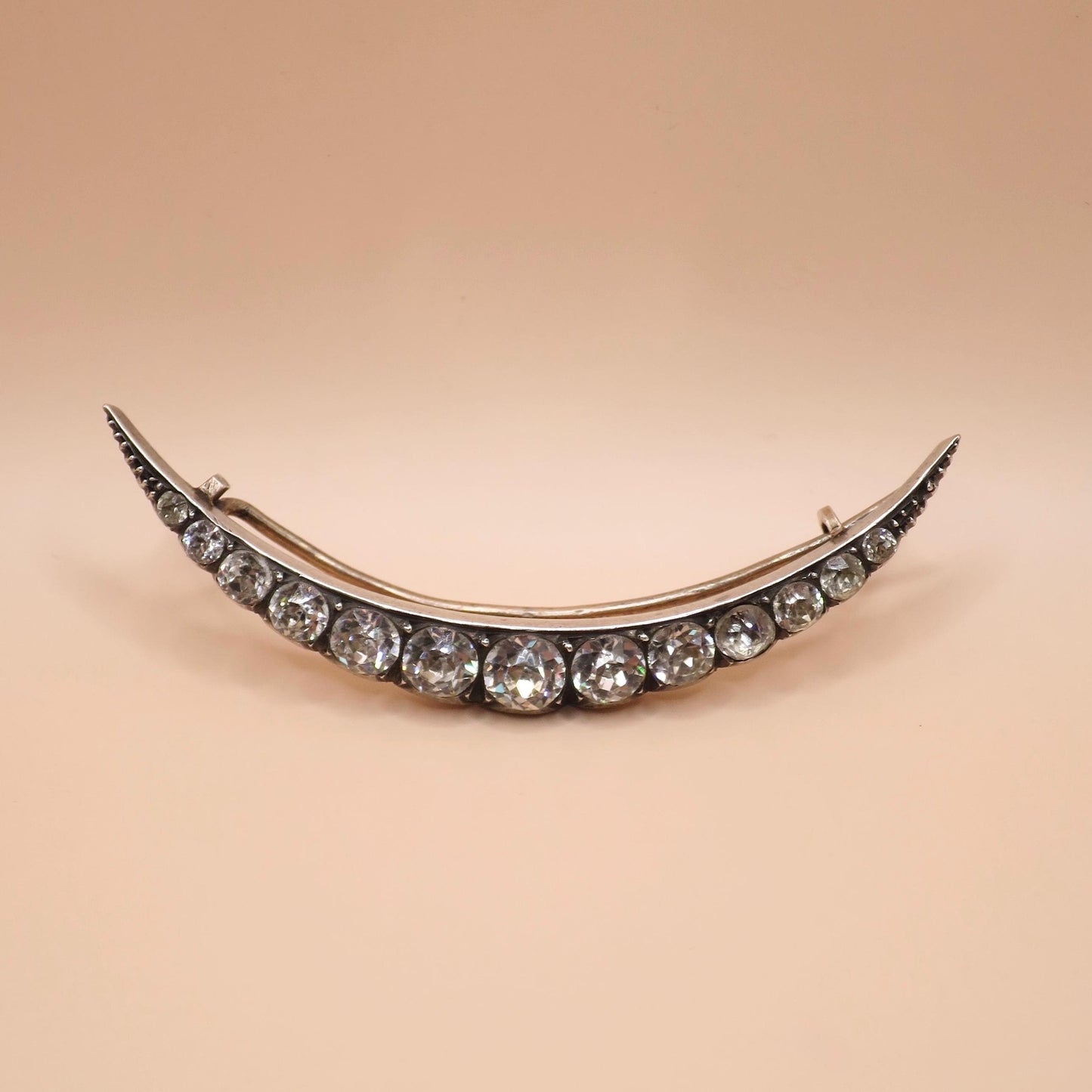 Antique Victorian Sterling Silver Diamond Paste Crescent Moon Pin Brooch
