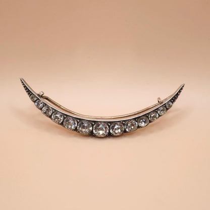 Antique Victorian Sterling Silver Diamond Paste Crescent Moon Pin Brooch