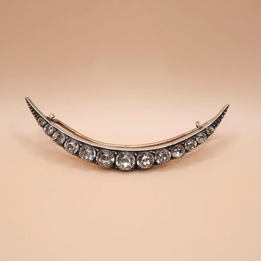 Antique Victorian Sterling Silver Diamond Paste Crescent Moon Pin Brooch