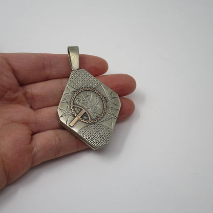 Antique Aesthetic Movement Sterling Silver Locket Pendant: Rose Gold Fan, Diamond Shape