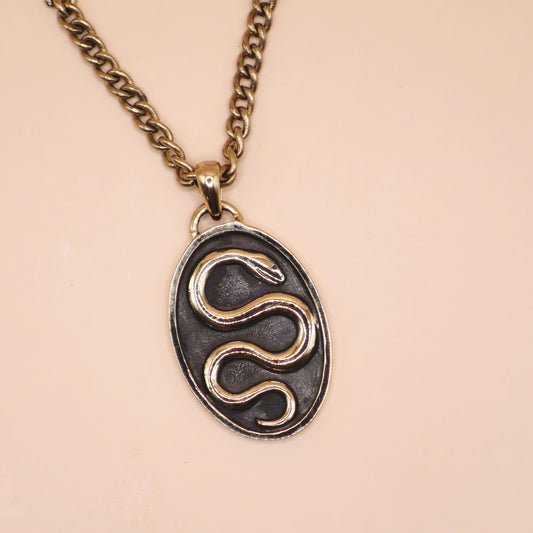 Year of the Snake Serpent Oval Bronze Snake in Shadowbox Pendant, 32x17mm