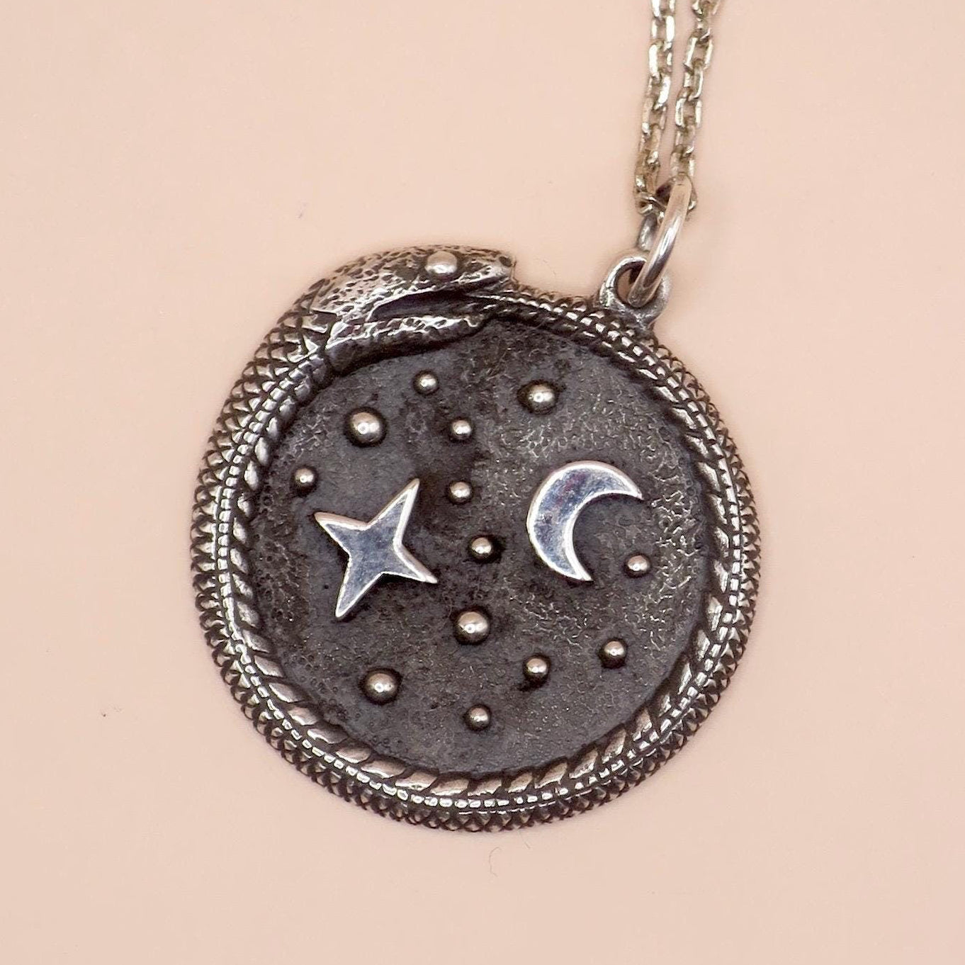 Solid 925 Sterling Silver Ouroboros with Moon and Stars Pendant, 27x21mm