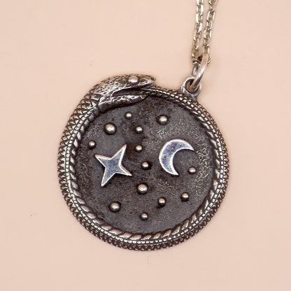 Solid 925 Sterling Silver Ouroboros with Moon and Stars Pendant, 27x21mm