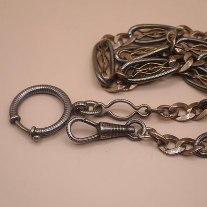 Antique Victorian 800 Silver Niello Pocket Watch Chain Necklace, Rose Gold Vermeil Gilt MB13