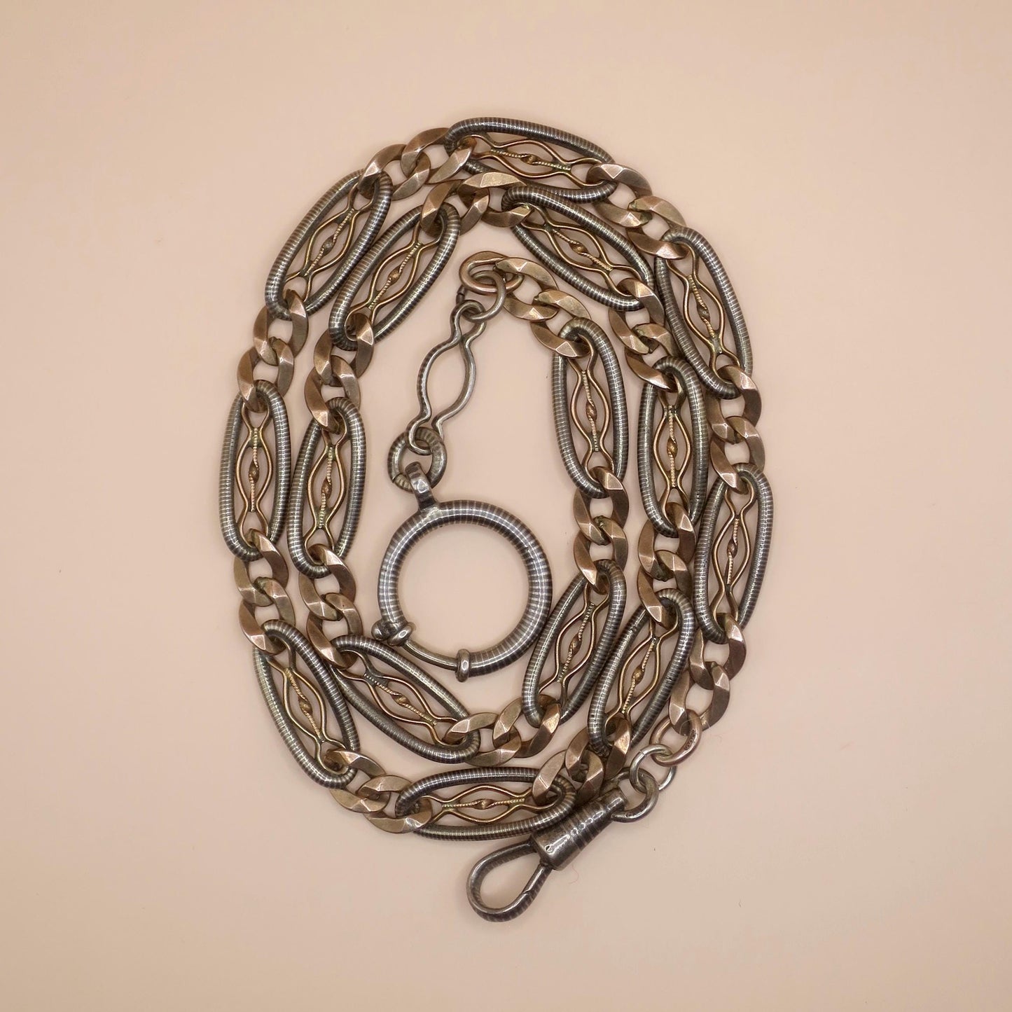 Antique Victorian 800 Silver Niello Pocket Watch Chain Necklace, Rose Gold Vermeil Gilt MB13