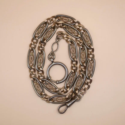 Antique Victorian 800 Silver Niello Pocket Watch Chain Necklace, Rose Gold Vermeil Gilt MB13