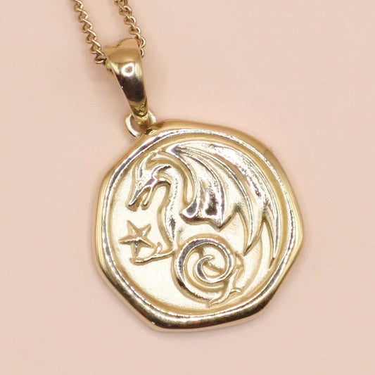 14k Yellow Gold Dragon Spirit Animal Medallion Pendant