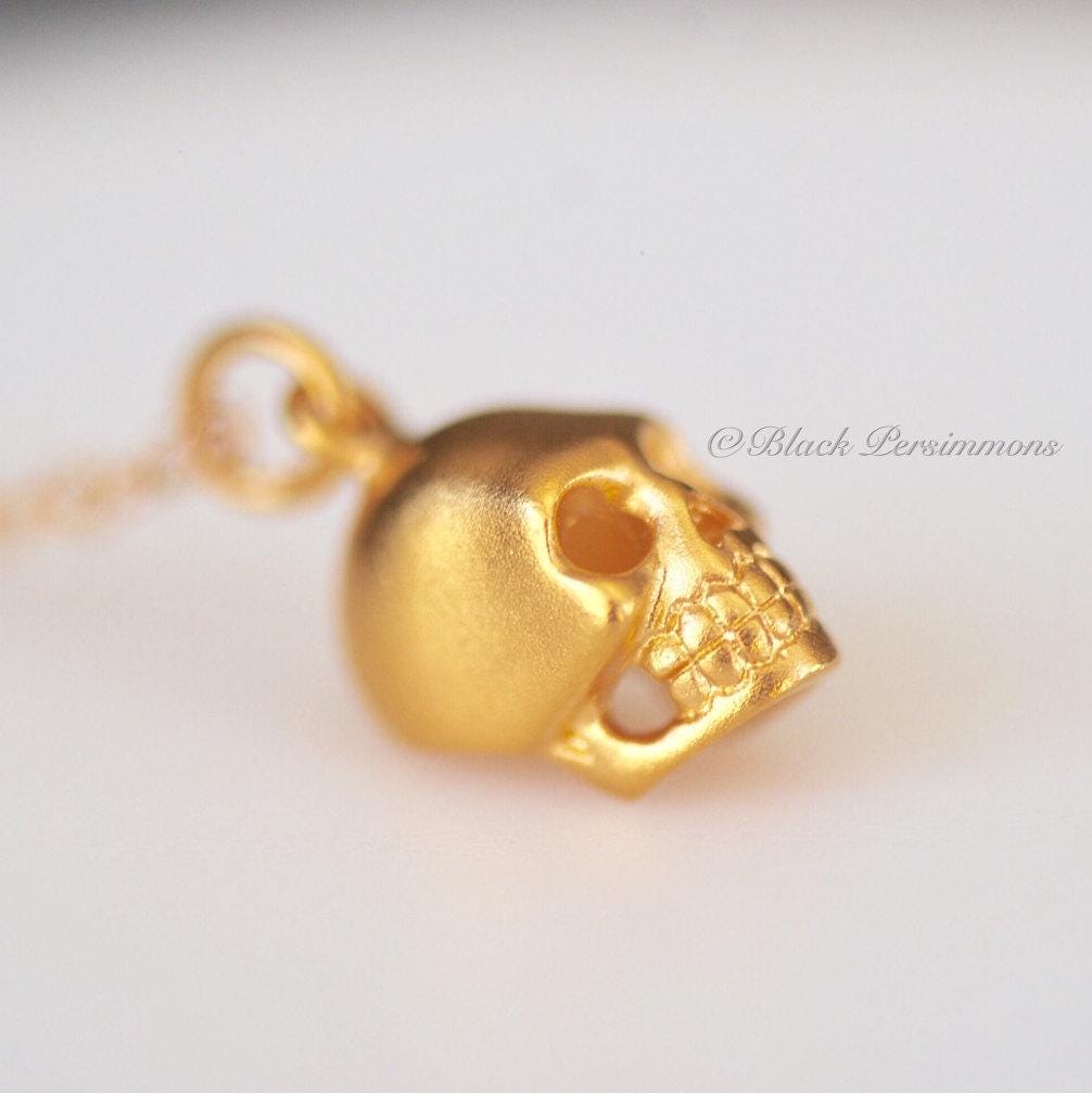 24K Gold Plated Sterling Silver Vermeil Skull Charm Necklace - 14K Gold Filled Delicate Chain