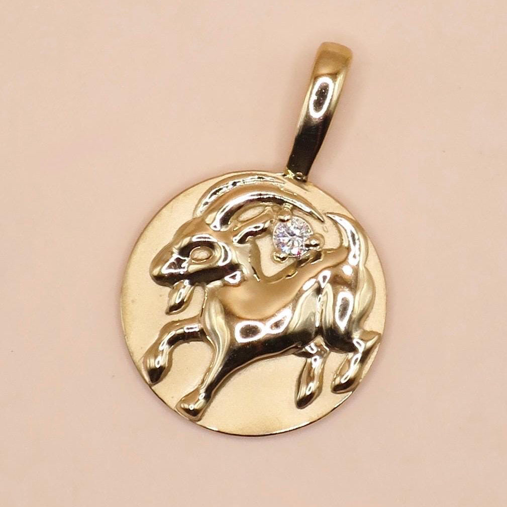 14K Yellow Gold .015 CT Natural Diamond Chinese Zodiac Year of the Goat Sheep Pendant