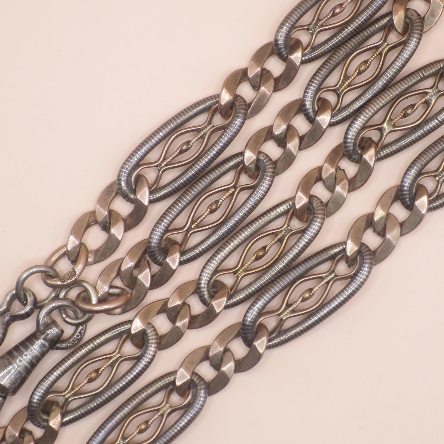 Antique Victorian 800 Silver Niello Pocket Watch Chain Necklace, Rose Gold Vermeil Gilt MB13