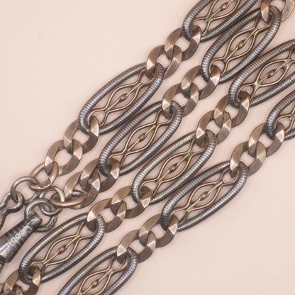 Antique Victorian 800 Silver Niello Pocket Watch Chain Necklace, Rose Gold Vermeil Gilt MB13